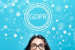 girl looking up to GDPR hologram