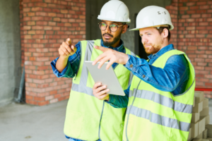 two construction workers with a tablet talking