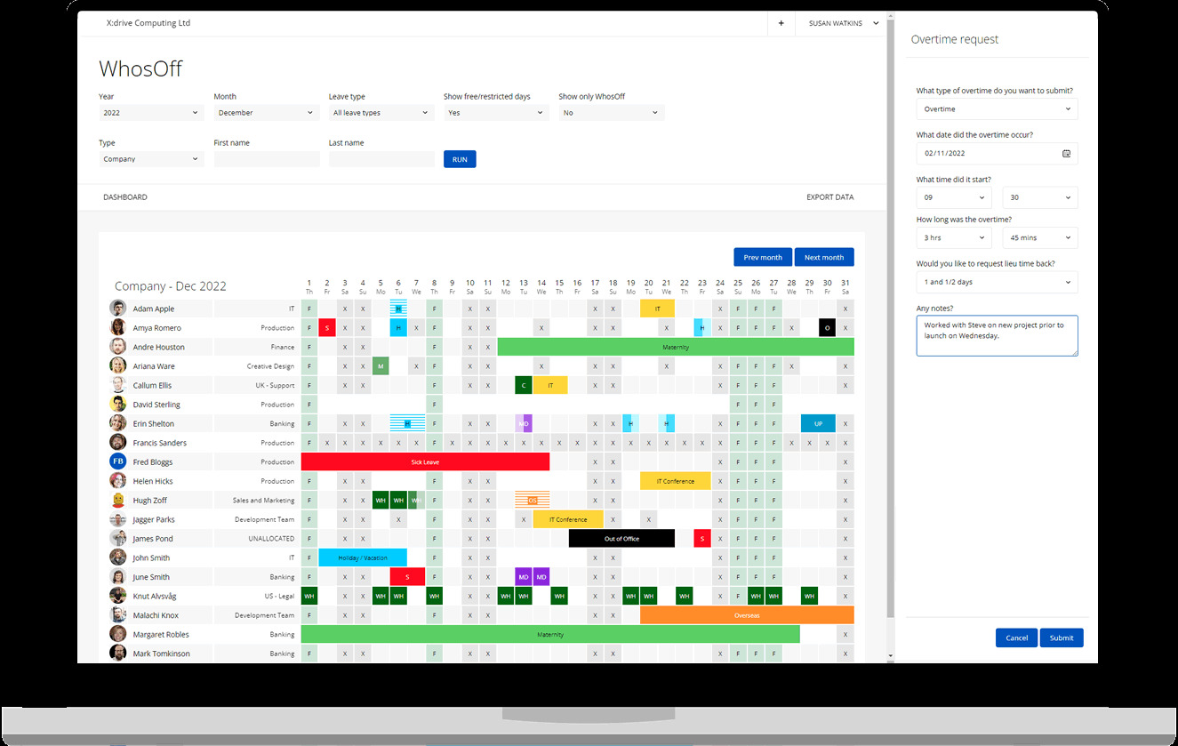 WhosOff’s overtime management dashboard