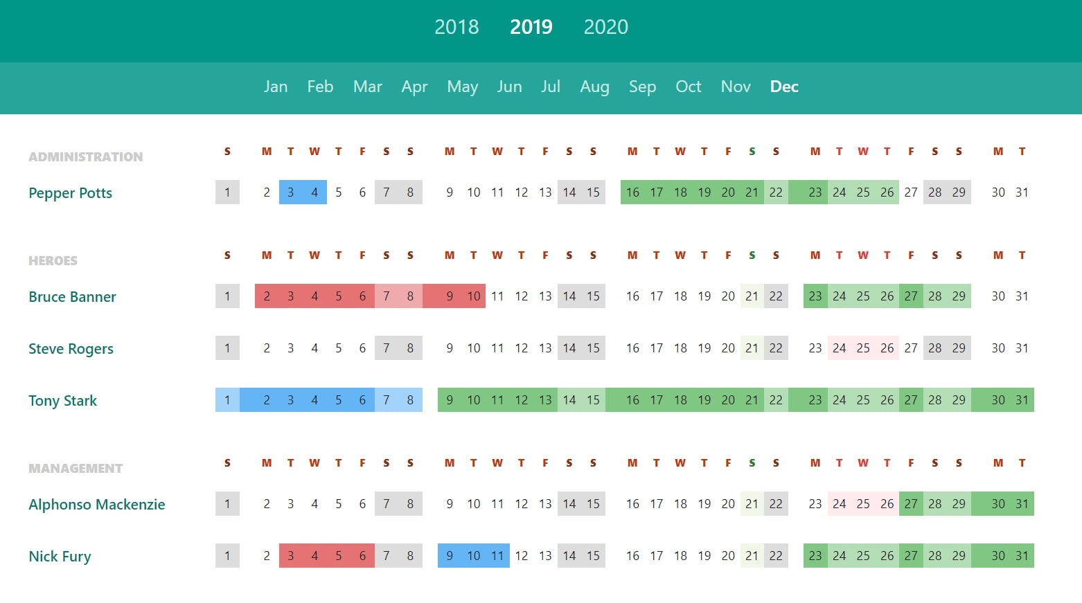 Humen’s team calendar dashboard